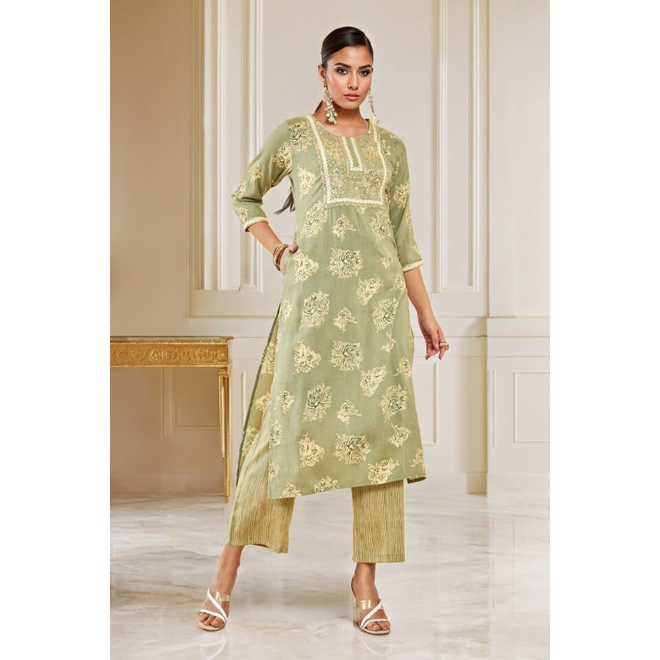 Soch Womens Sap Green Rayon Embroidered Kurta Set With Sequins