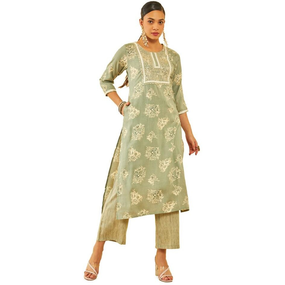 Soch Womens Sap Green Rayon Embroidered Kurta Set With Sequins