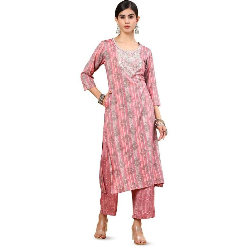 Soch Womens Pink Ethnic Motif Printed Rayon Kurta Set With Zari Work