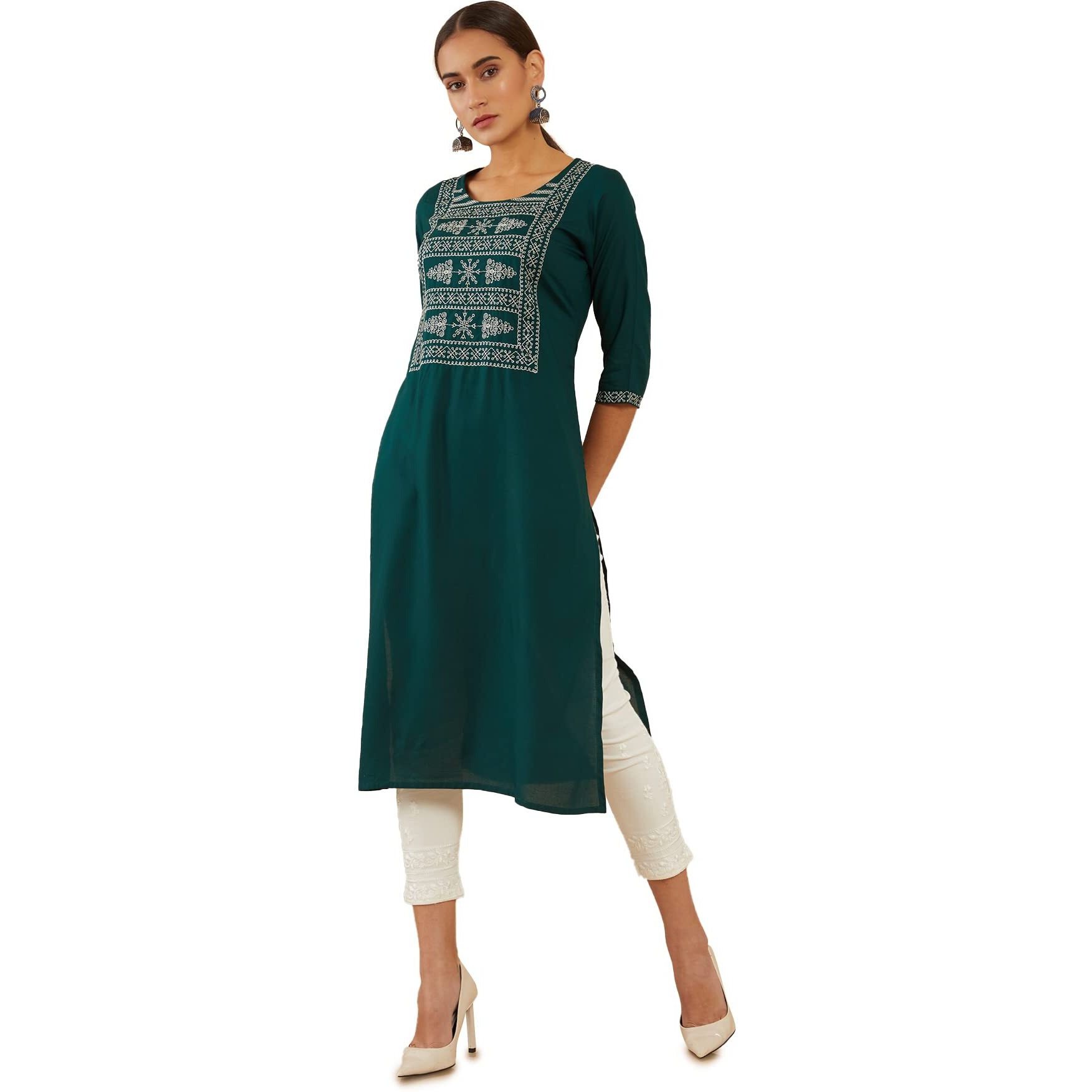Soch Women's Rayon Embroidered Regular Dress Shirt (Smua1Ku9023A_Green