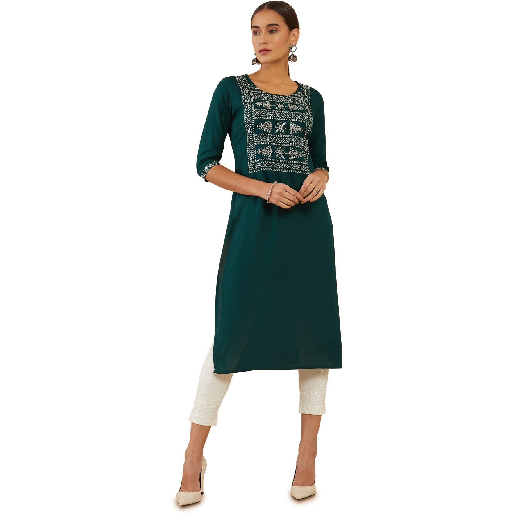 Soch Women's Rayon Embroidered Regular Dress Shirt (Smua1Ku9023A_Green