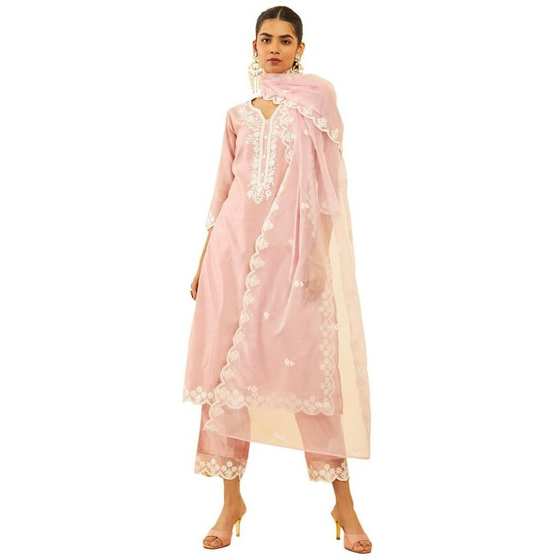 Soch Womens Blush Pink Chanderi Embroidered Suit Set With Scalping