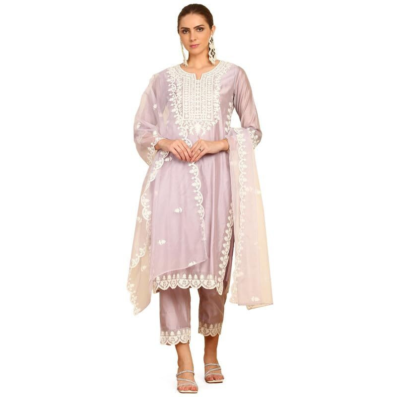Soch Womens Purple Floral Embroidery Chanderi Suit Set