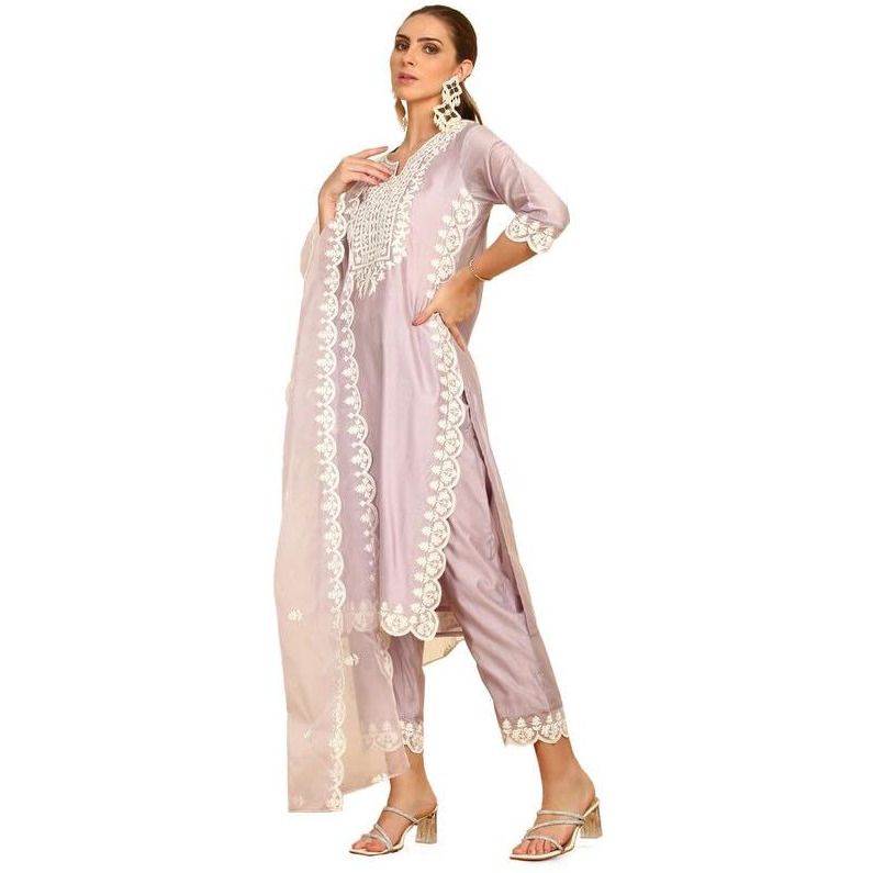 Soch Womens Purple Floral Embroidery Chanderi Suit Set