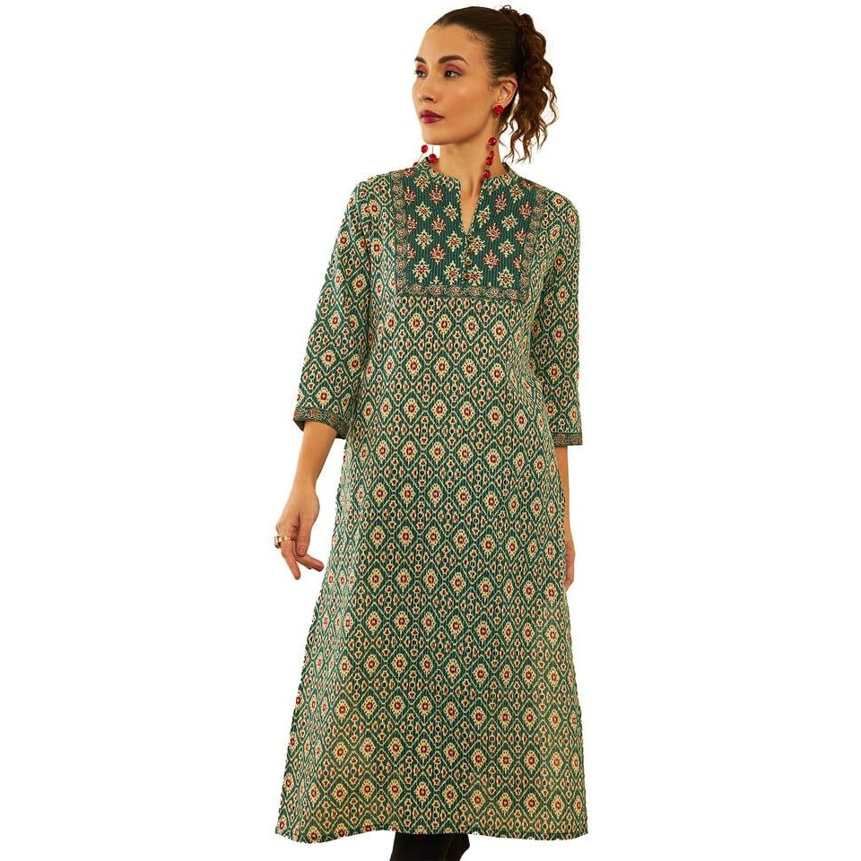 Soch Womens Green Cotton Ikat Printed Straight Kurta With Mirror Work