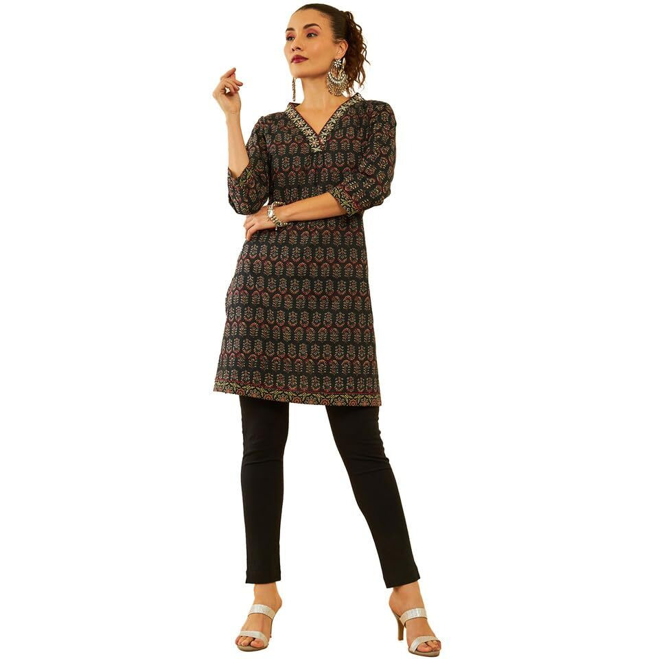 Soch Womens Black Cotton Floral Printed Short Kurta With Zari Work