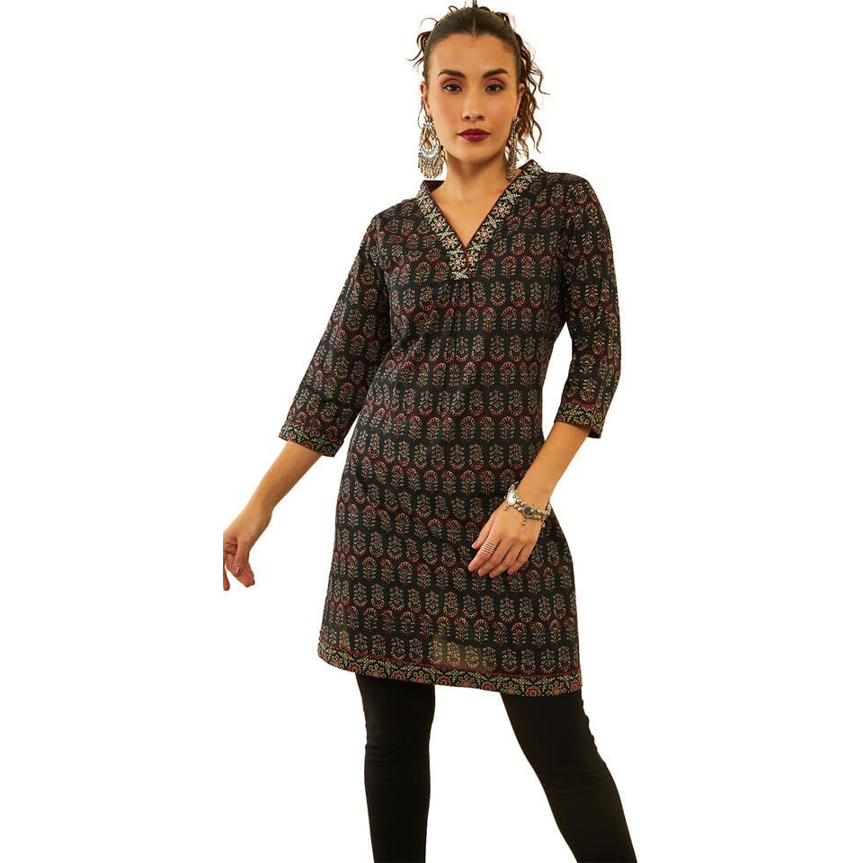 Soch Womens Black Cotton Floral Printed Short Kurta With Zari Work