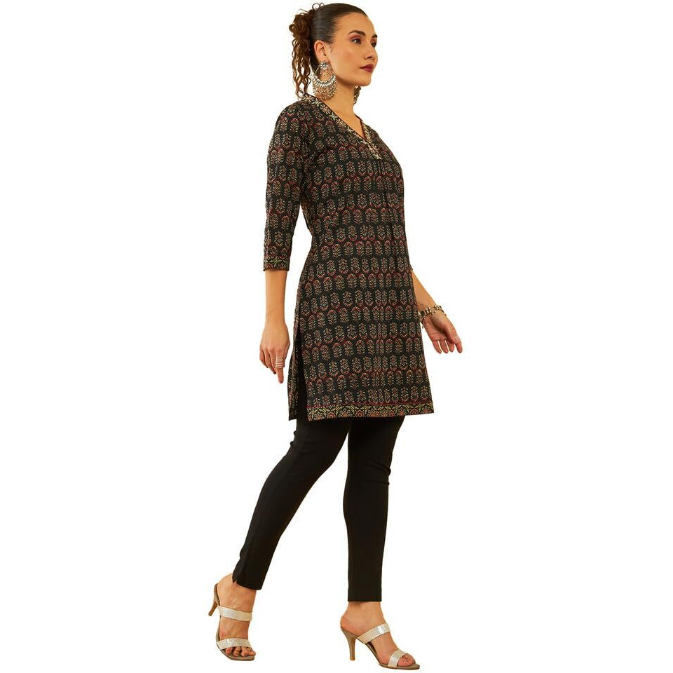 Soch Womens Black Cotton Floral Printed Short Kurta With Zari Work