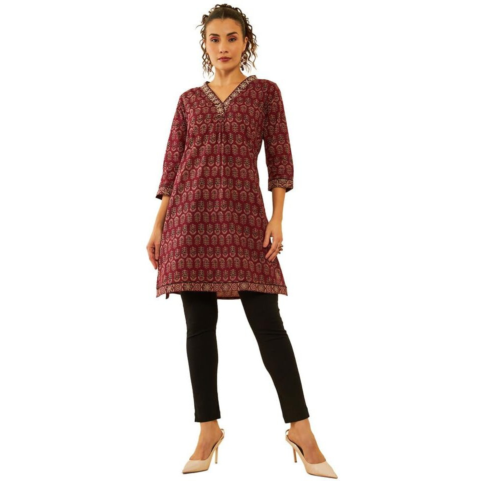 Soch Womens Maroon Cotton Floral Printed Short Kurta With Zari Work
