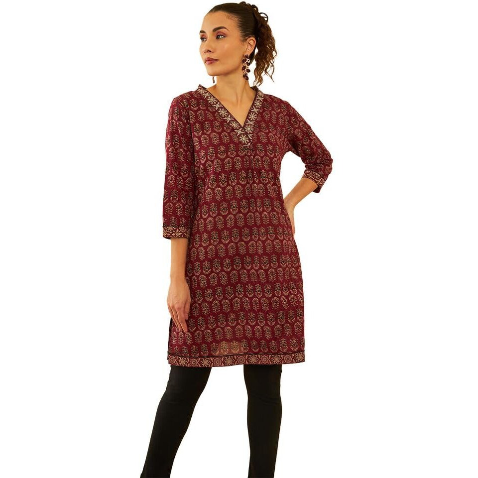 Soch Womens Maroon Cotton Floral Printed Short Kurta With Zari Work