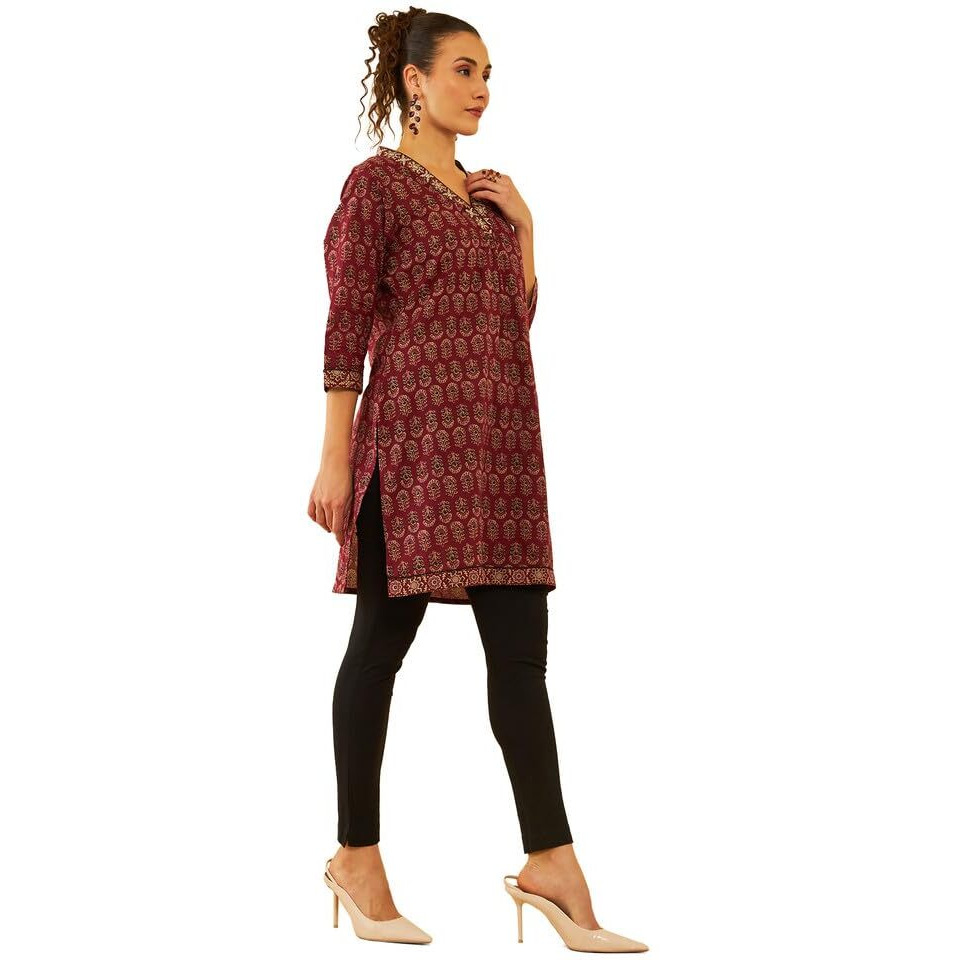 Soch Womens Maroon Cotton Floral Printed Short Kurta With Zari Work