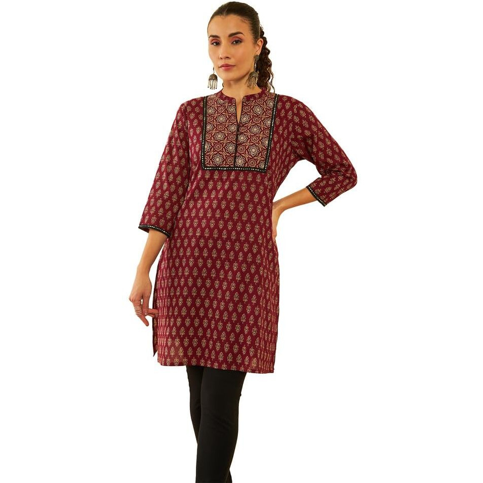 Soch Womens Maroon Cotton Floral Printed Short Kurta With Sequins