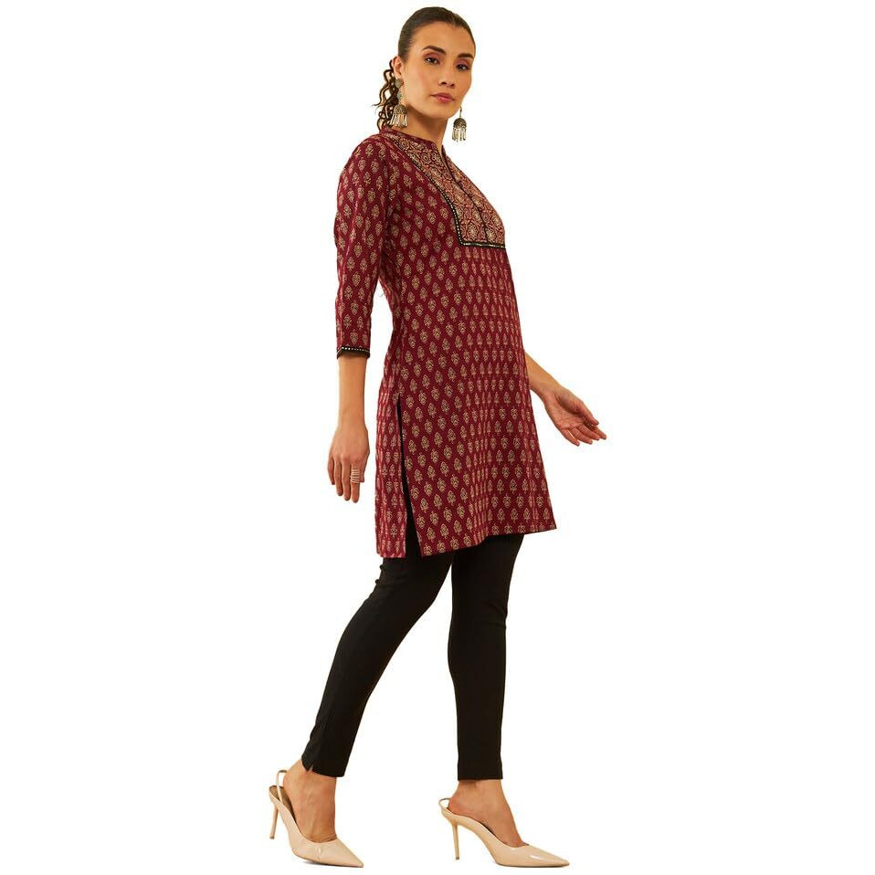 Soch Womens Maroon Cotton Floral Printed Short Kurta With Sequins