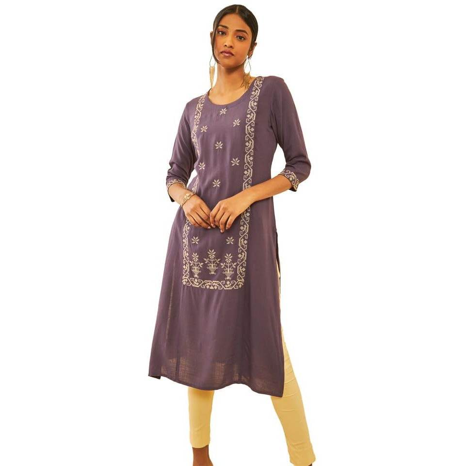 Soch Womens Purple Rayon Slub Zari Embroidered Panelled Straight Kurta