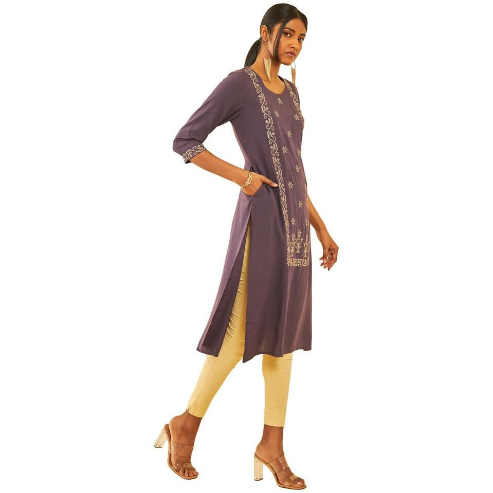 Soch Womens Purple Rayon Slub Zari Embroidered Panelled Straight Kurta