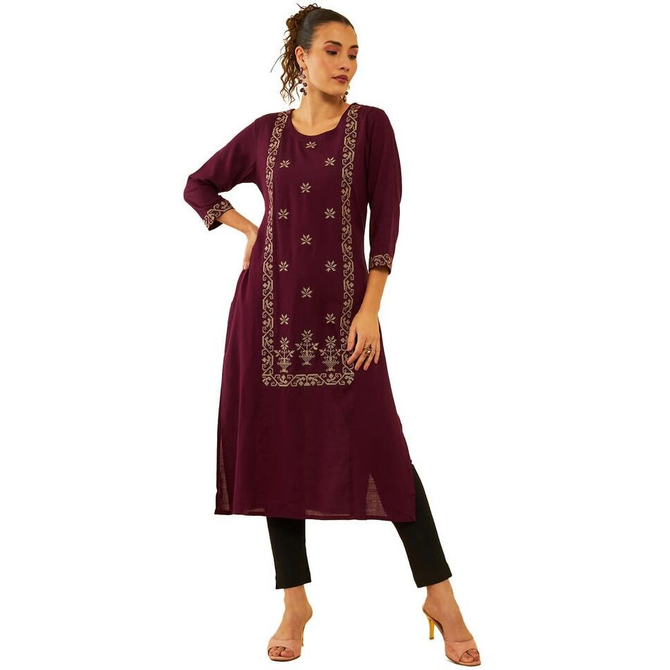Soch Womens Wine Rayon Slub Zari Embroidered Panelled Straight Kurta