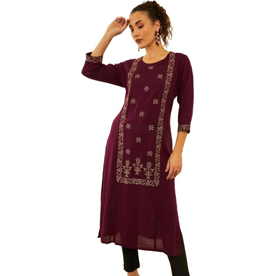 Soch Womens Wine Rayon Slub Zari Embroidered Panelled Straight Kurta