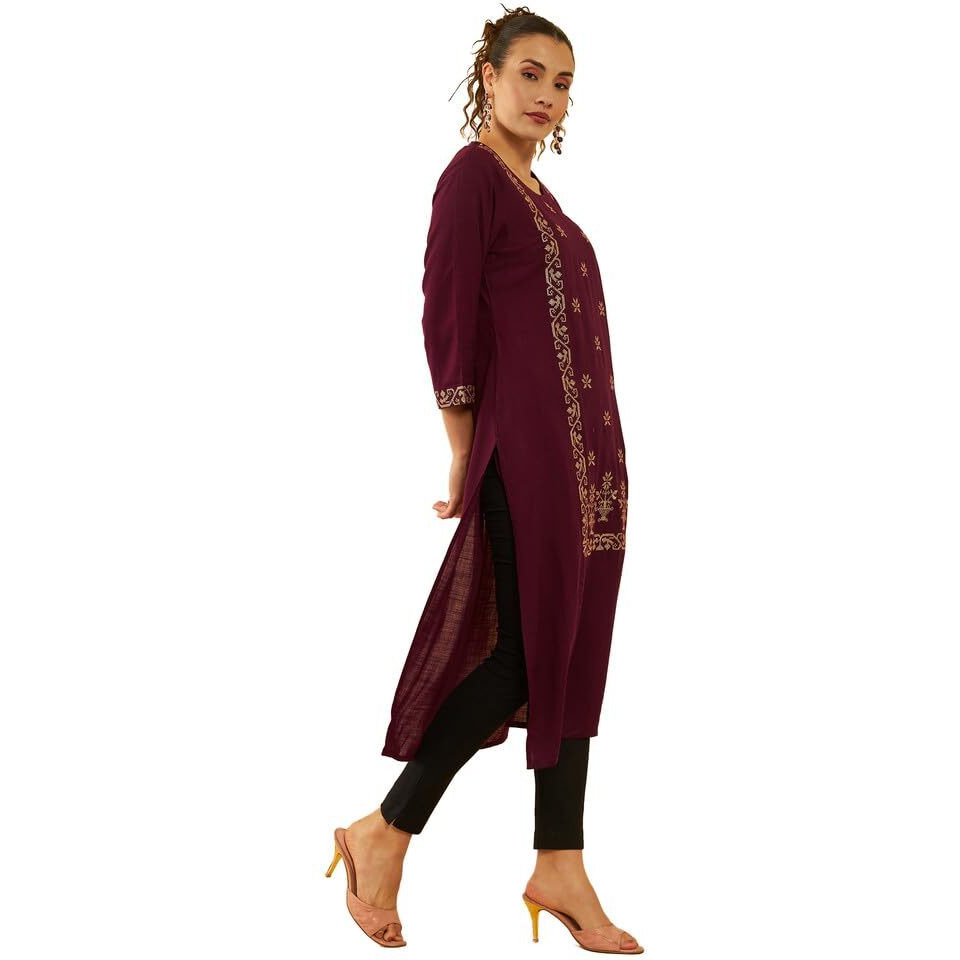 Soch Womens Wine Rayon Slub Zari Embroidered Panelled Straight Kurta