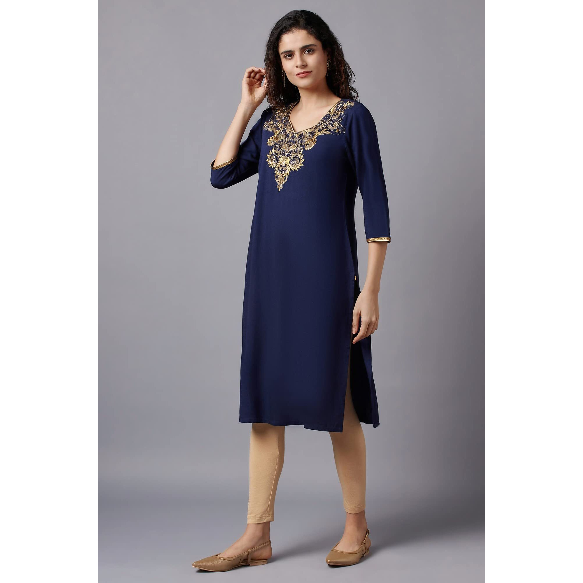Aurelia Blue Embroidered Regular Kurta With Dori Embroidery