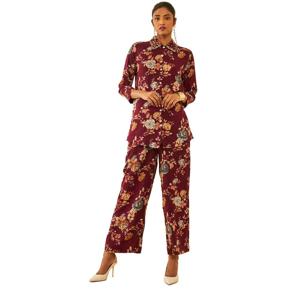 Soch Womens Maroon Rayon Floral Printed Co-Ord Set With Cutdana Work
