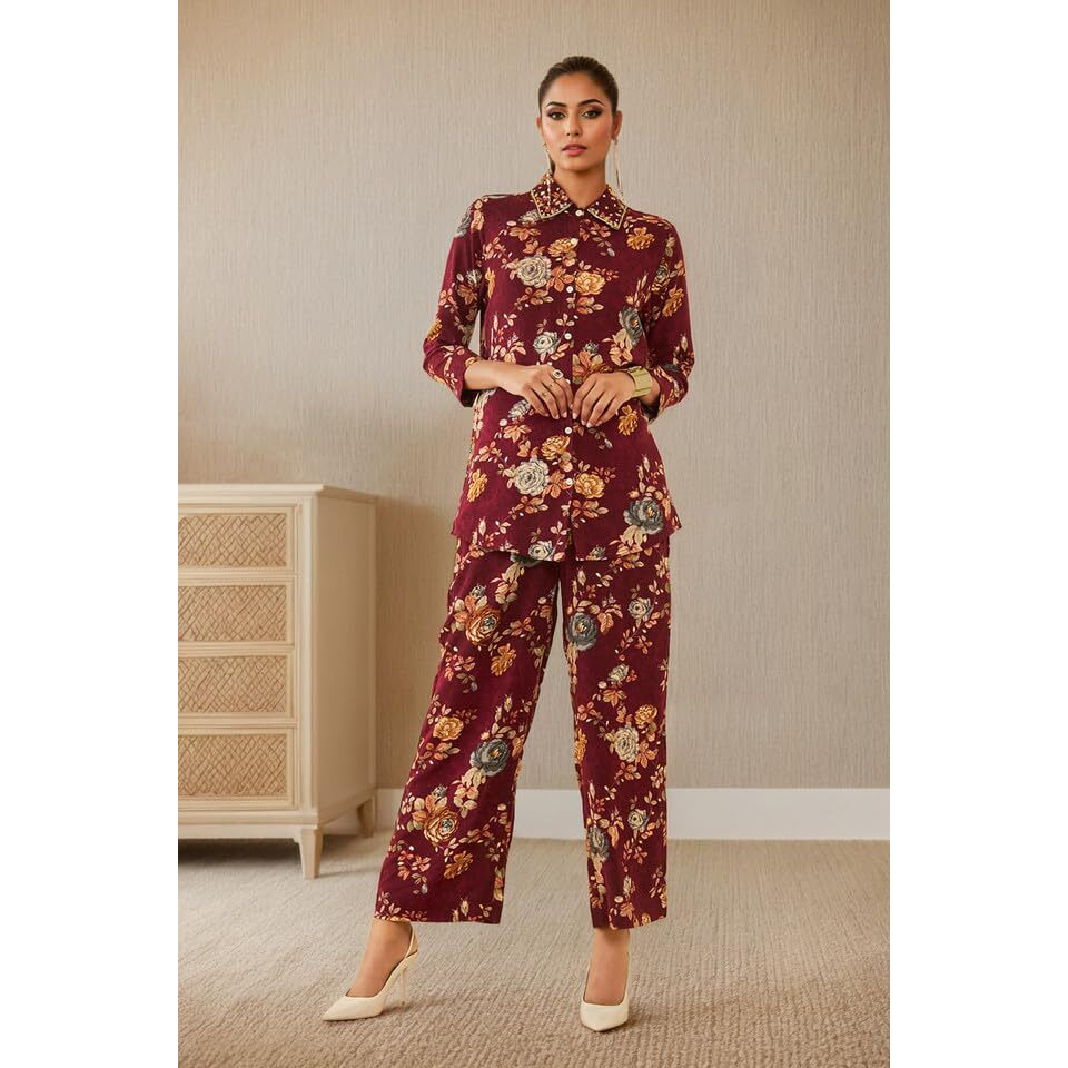 Soch Womens Maroon Rayon Floral Printed Co-Ord Set With Cutdana Work