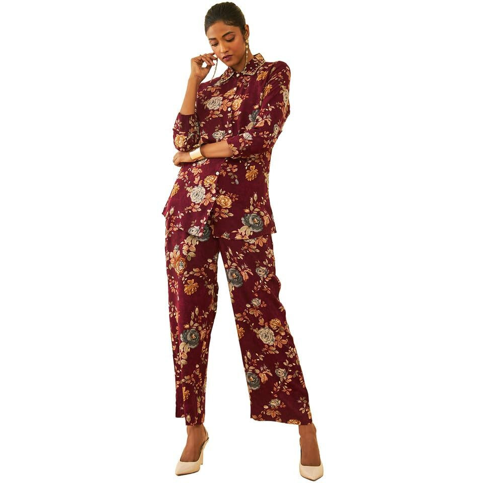 Soch Womens Maroon Rayon Floral Printed Co-Ord Set With Cutdana Work