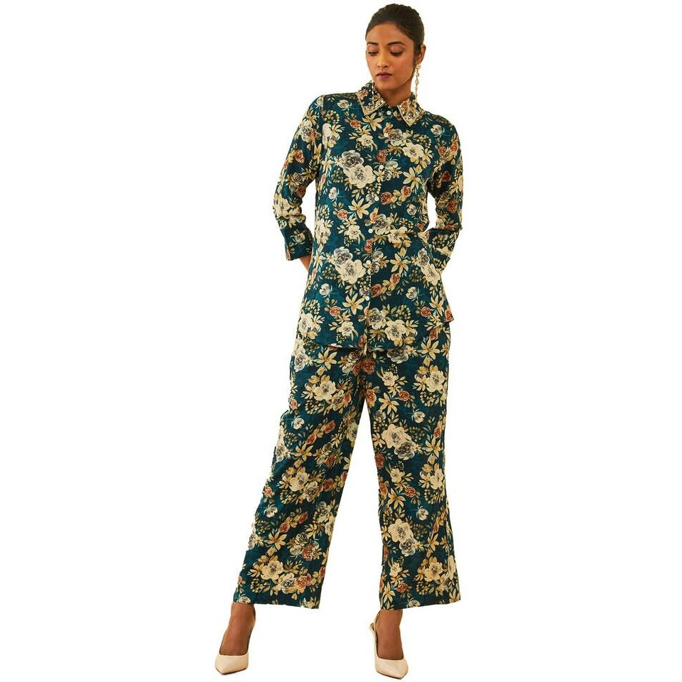 Soch Womens Teal Rayon Floral Printed Co-Ord Set With Cutdana Work