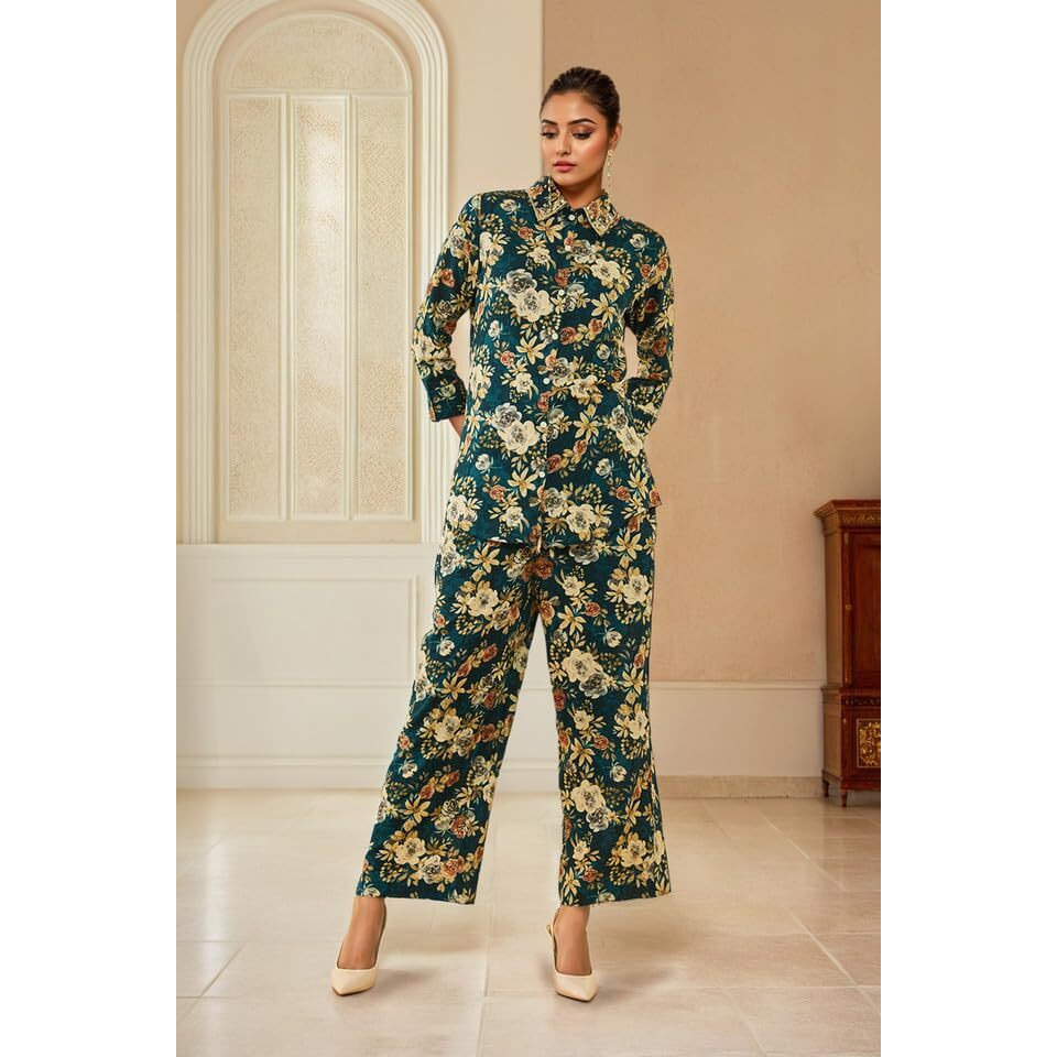 Soch Womens Teal Rayon Floral Printed Co-Ord Set With Cutdana Work