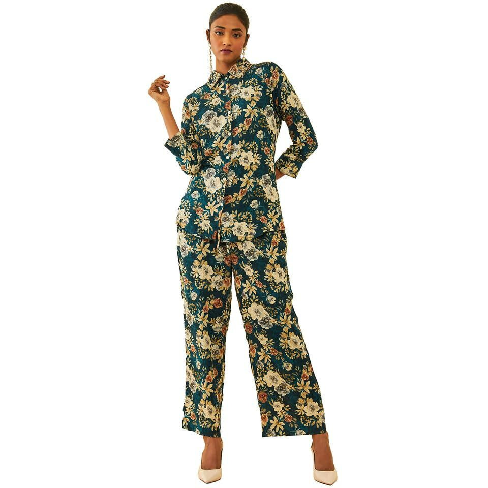 Soch Womens Teal Rayon Floral Printed Co-Ord Set With Cutdana Work