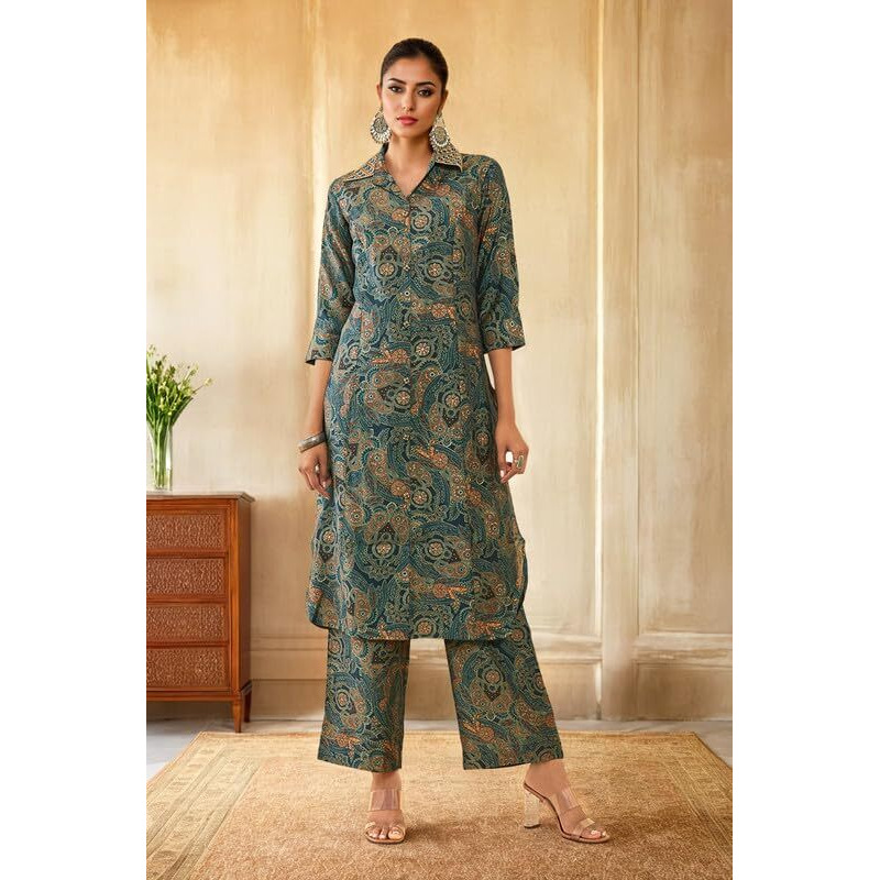 Soch Womens Teal Muslin Paisley Printed Co-Ord Set With Faux Mirror Work