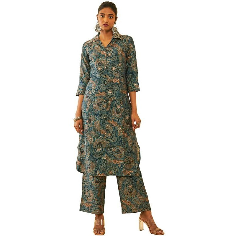Soch Womens Teal Muslin Paisley Printed Co-Ord Set With Faux Mirror Work