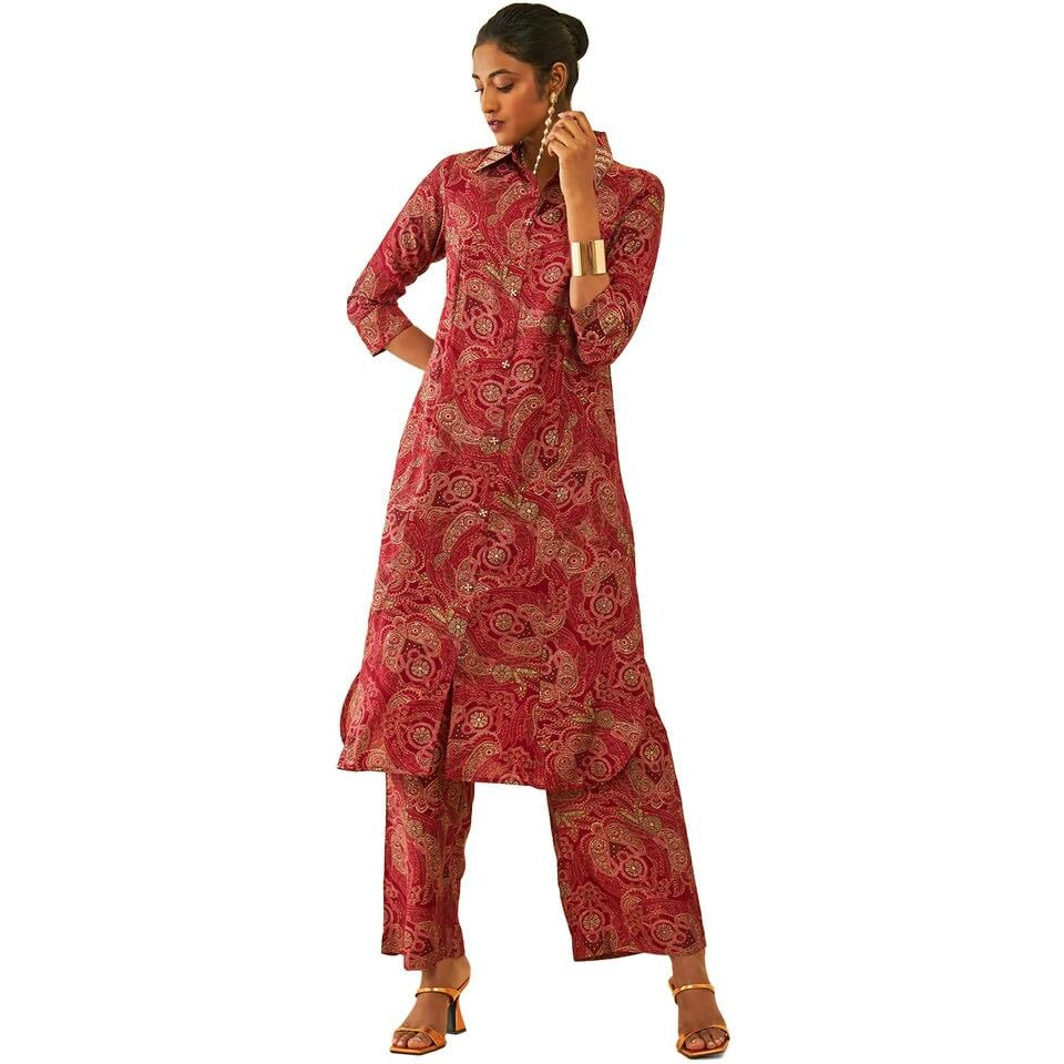 Soch Womens Maroon Muslin Paisley Printed Co-Ord Set With Faux Mirror Work