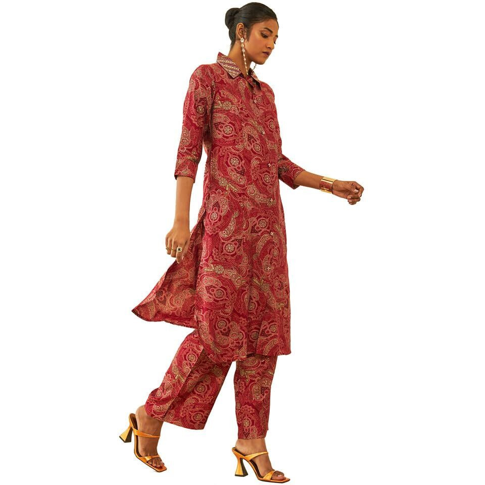 Soch Womens Maroon Muslin Paisley Printed Co-Ord Set With Faux Mirror Work