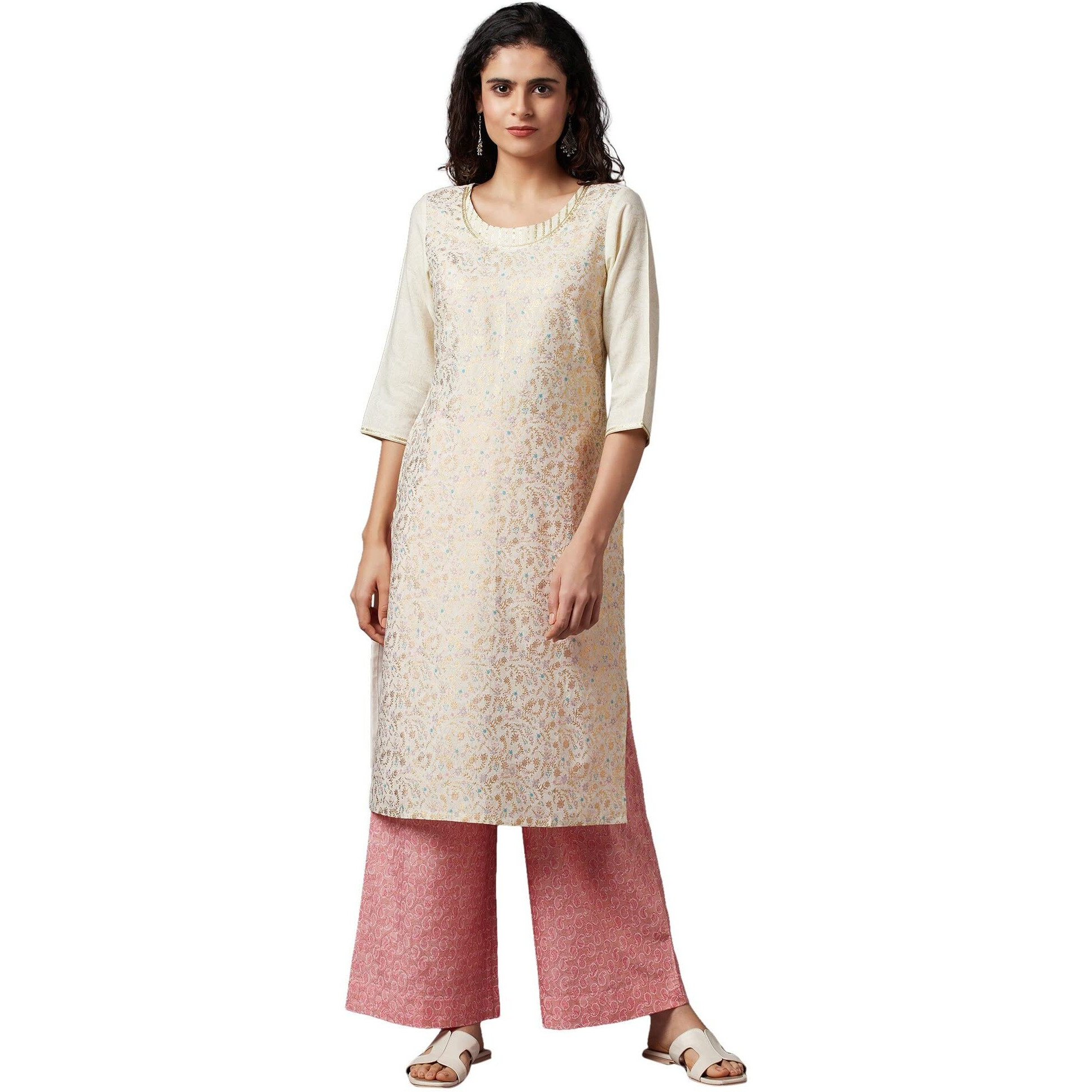 Aurelia Women's Rayon Floral Regular Kurta (22Fea13204-505232_Winter White_S)