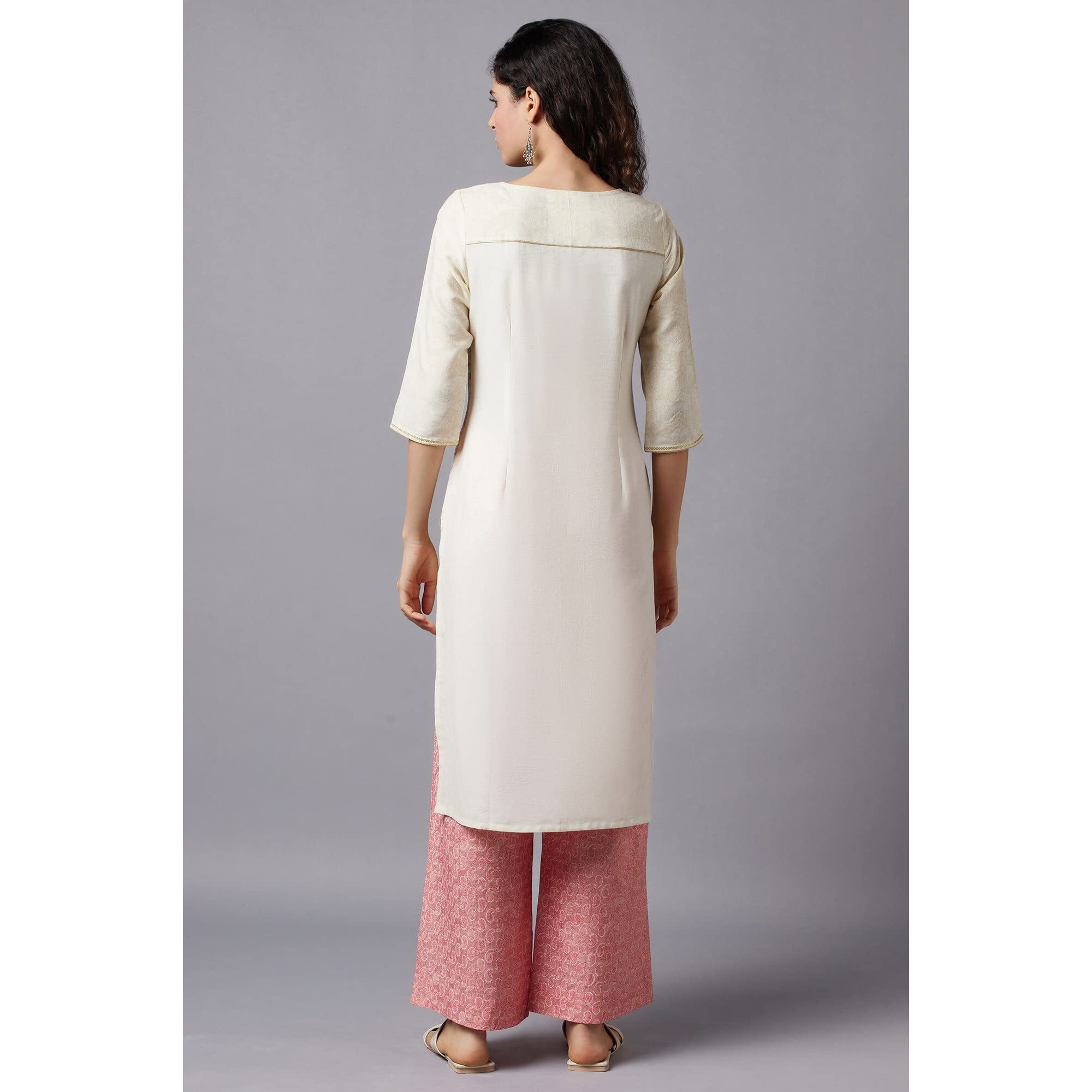 Aurelia Women's Rayon Floral Regular Kurta (22Fea13204-505232_Winter White_S)