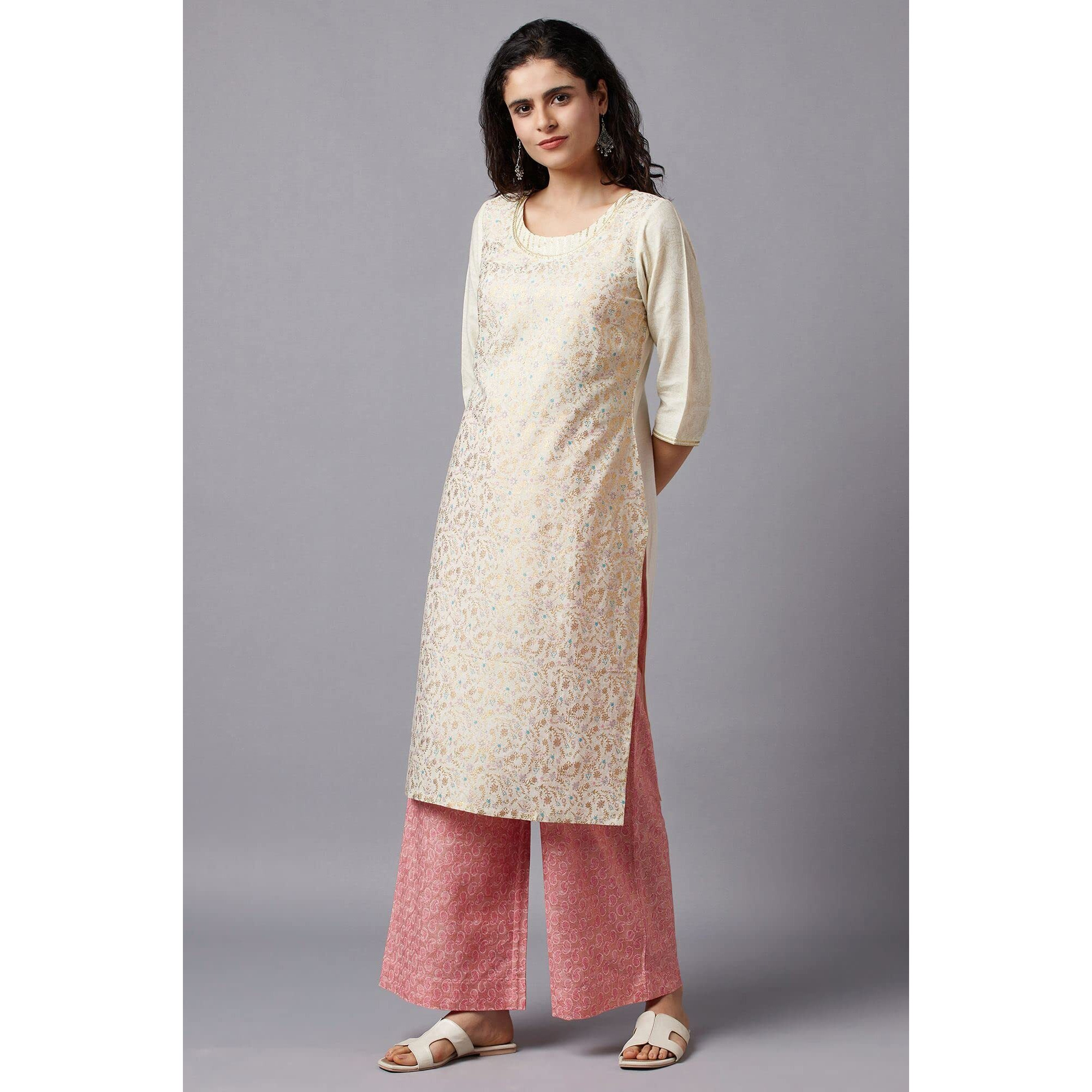 Aurelia Women's Rayon Floral Regular Kurta (22Fea13204-505232_Winter White_S)