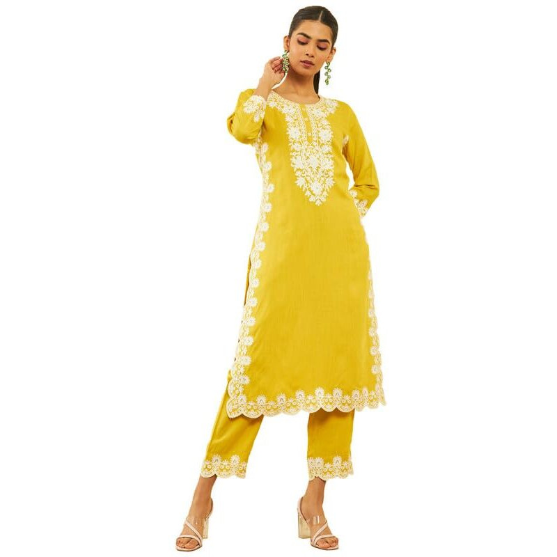 Soch Womens Mustard Rayon Slub Embroidered Kurta Set With Sequins