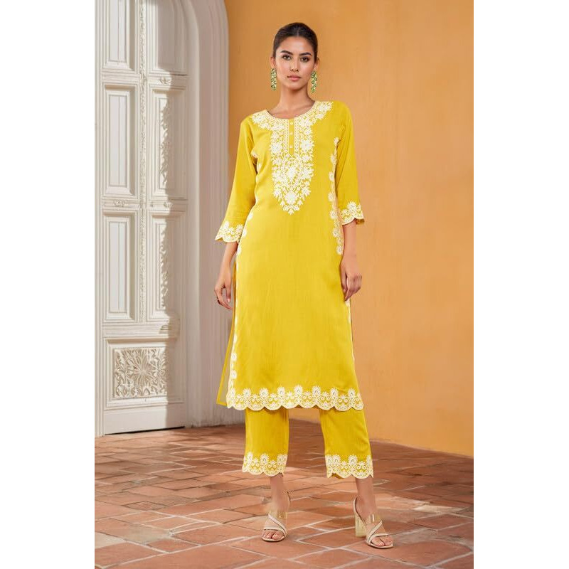 Soch Womens Mustard Rayon Slub Embroidered Kurta Set With Sequins
