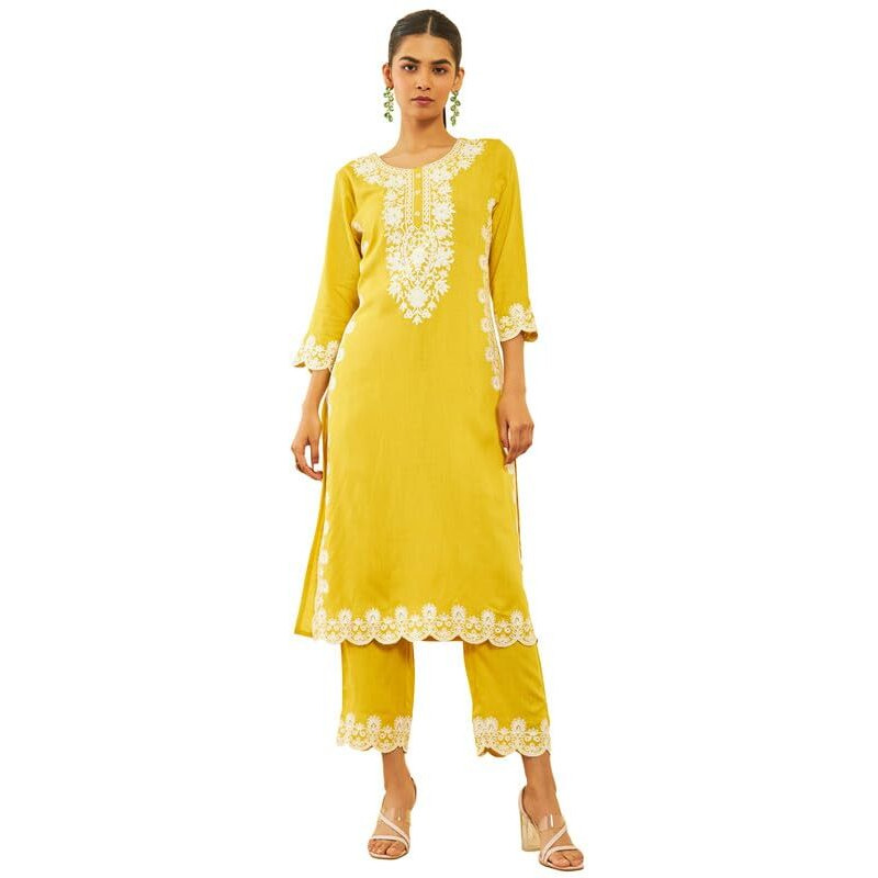 Soch Womens Mustard Rayon Slub Embroidered Kurta Set With Sequins