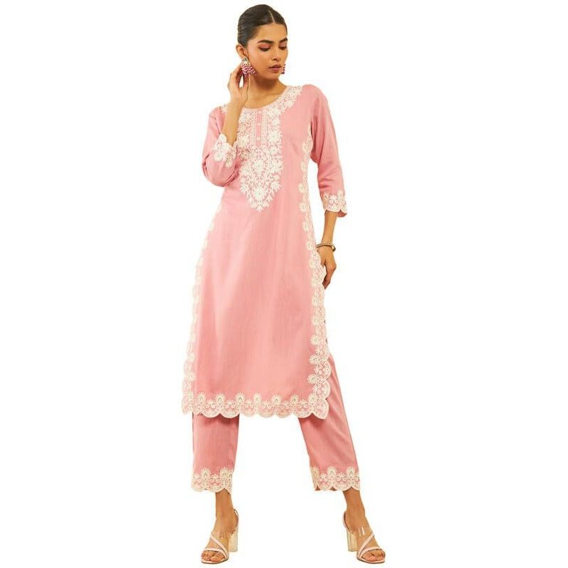 Soch Womens Onion Pink Rayon Slub Embroidered Kurta Set With Sequins