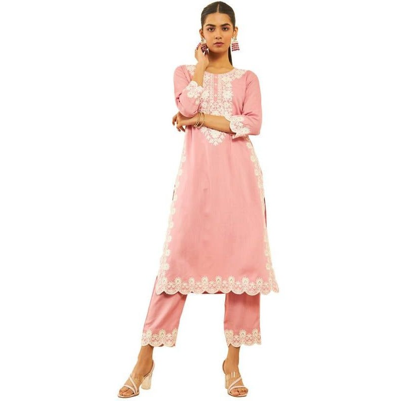Soch Womens Onion Pink Rayon Slub Embroidered Kurta Set With Sequins