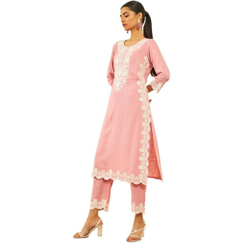 Soch Womens Onion Pink Rayon Slub Embroidered Kurta Set With Sequins