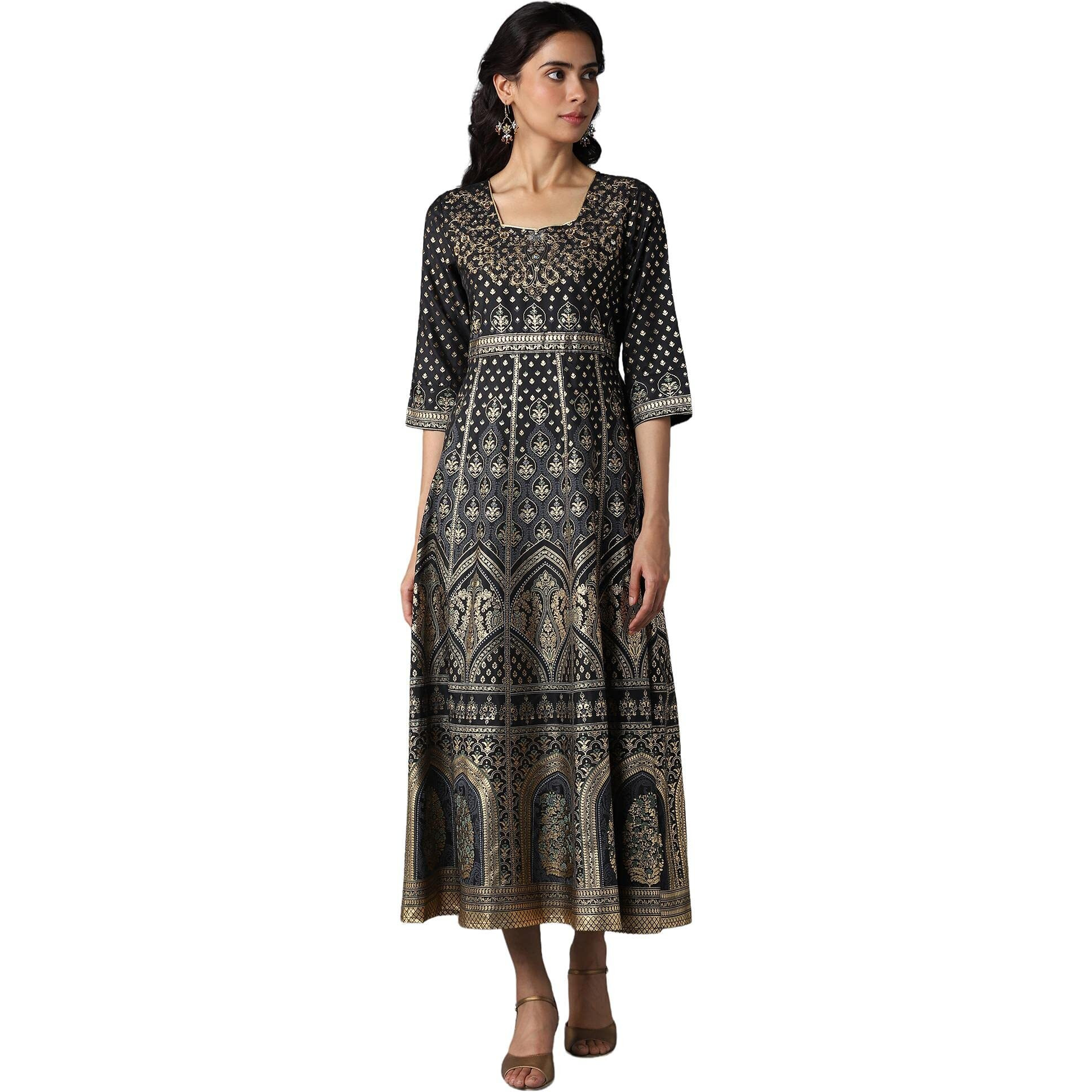 Aurelia Women's Polyester Black Floral Printed Dress Midi (22Fea13206-505248 S)