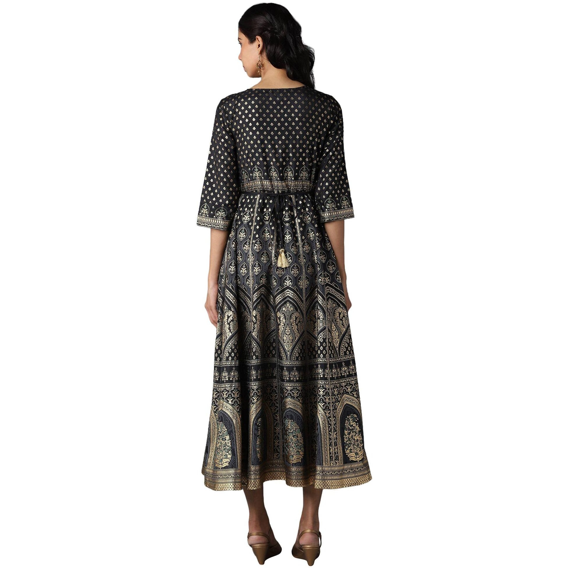 Aurelia Women's Polyester Black Floral Printed Dress Midi (22Fea13206-505248 S)