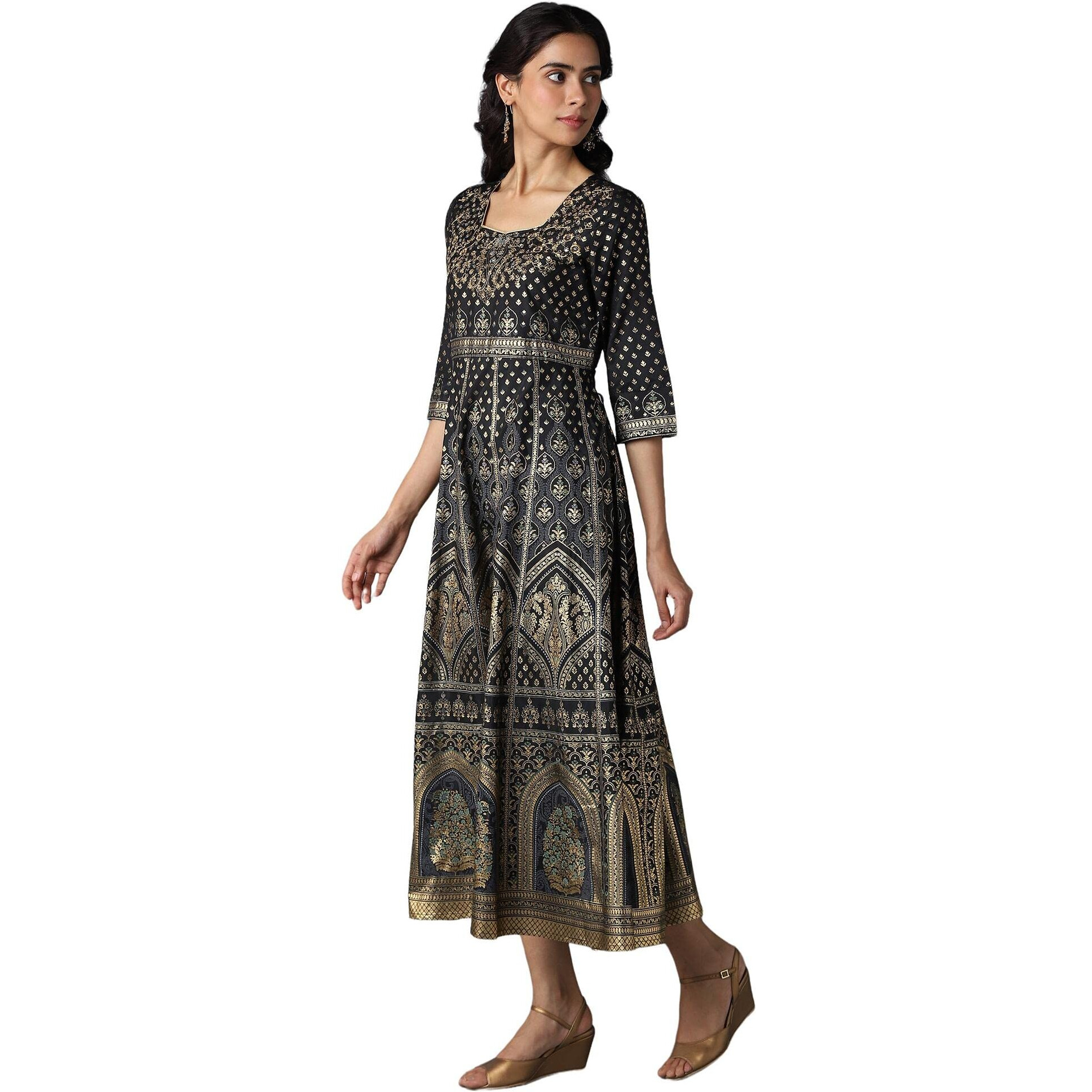 Aurelia Women's Polyester Black Floral Printed Dress Midi (22Fea13206-505248 S)