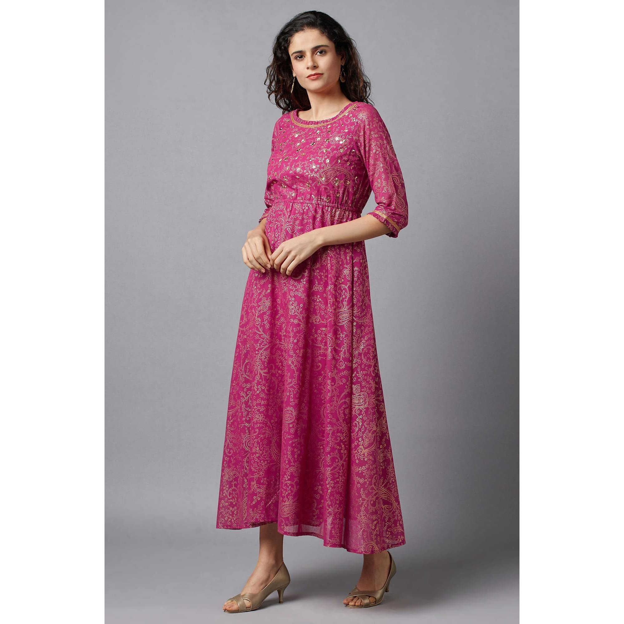 Aurelia Women's Polyester Pink Floral Printed Dress Midi (22Fea13208-504266 3Xl)