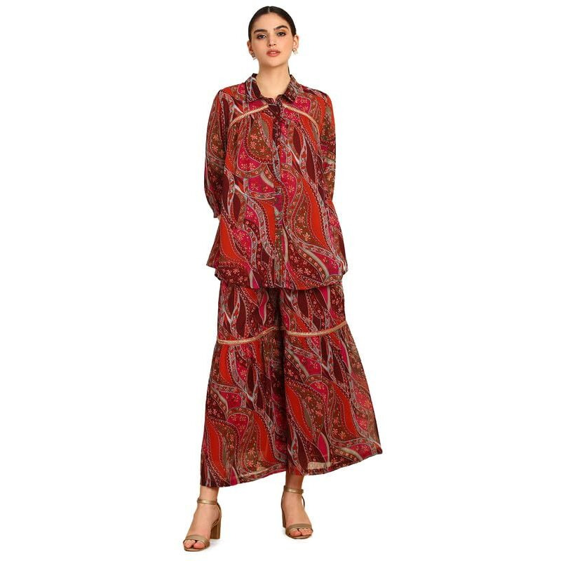 Soch Womens Fuchsia Floral Print Georgette Blend Co-Ord Set With Sequins