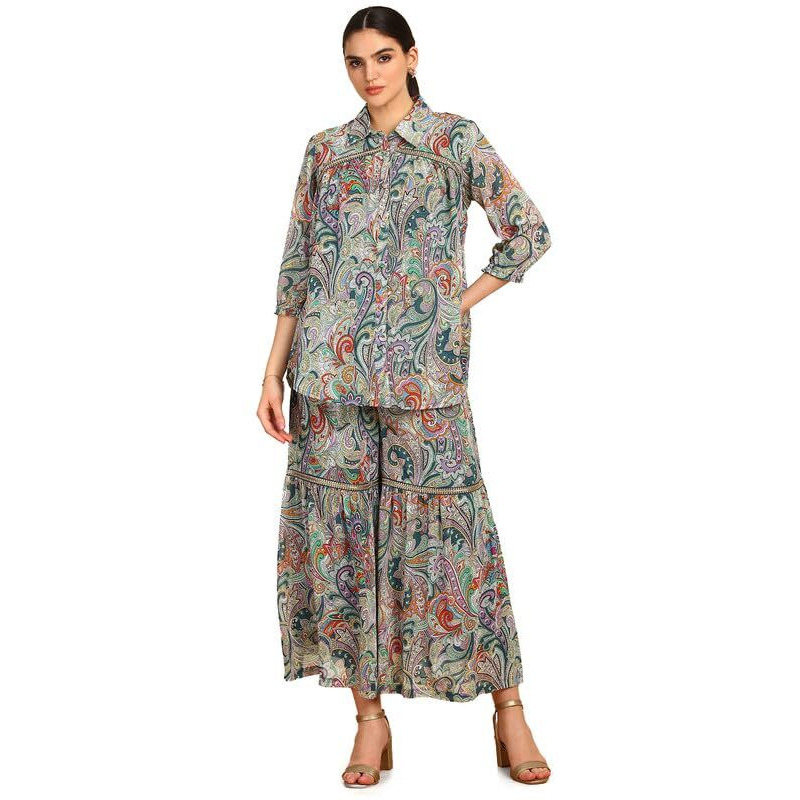 Soch Womens Teal Ethnic Motifs Print Georgette Blend Co-Ord Set With Sequins