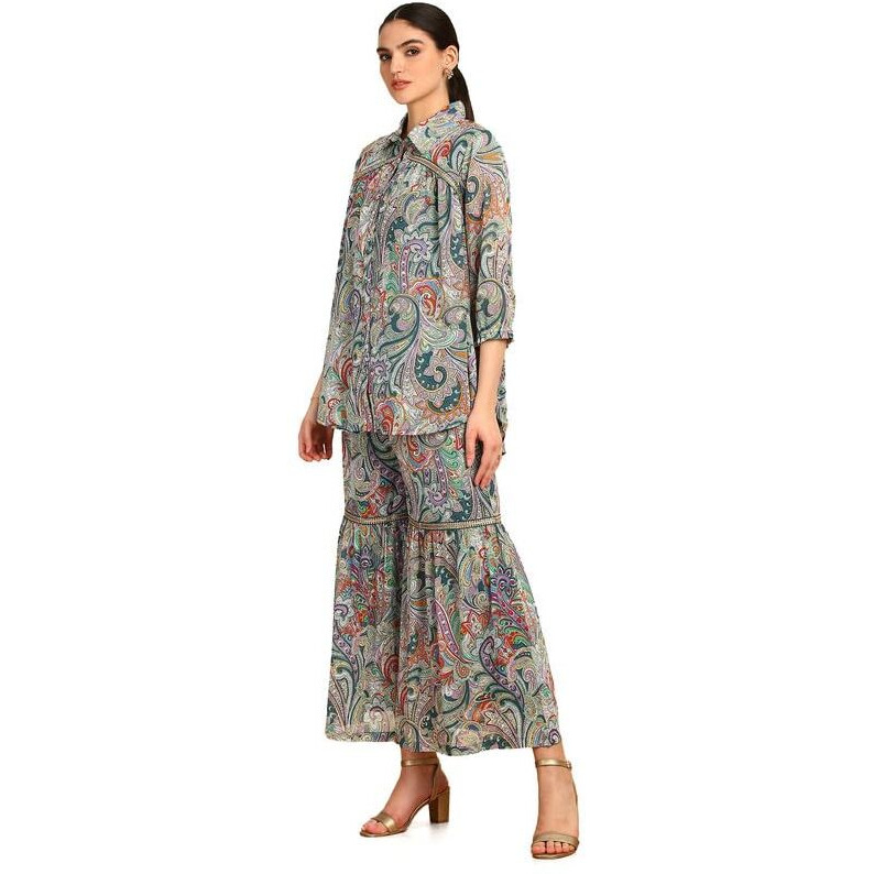 Soch Womens Teal Ethnic Motifs Print Georgette Blend Co-Ord Set With Sequins