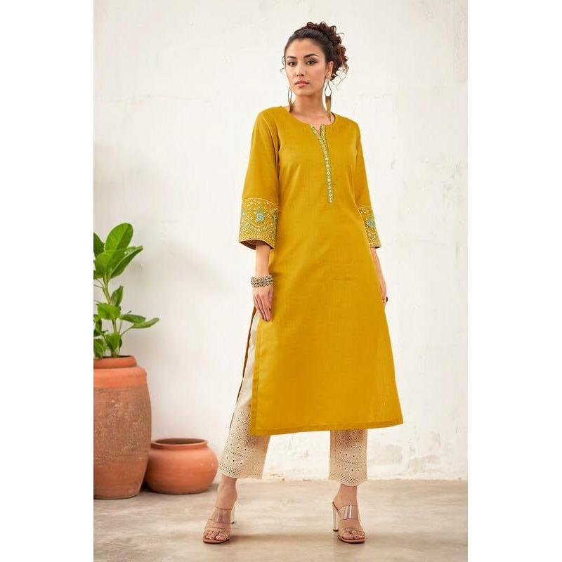 Soch Womens Mustard Silk Blend Embroidered Kurta Set With Thread Work